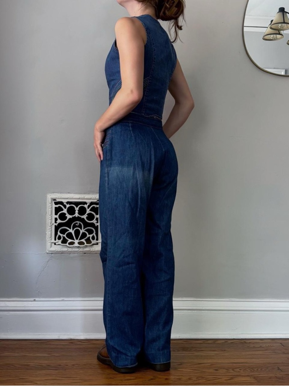 Vintage 70s Miss H.I.S. Retro rainbow embroidered denim vest + wide leg pant set - Picture 6 of 8